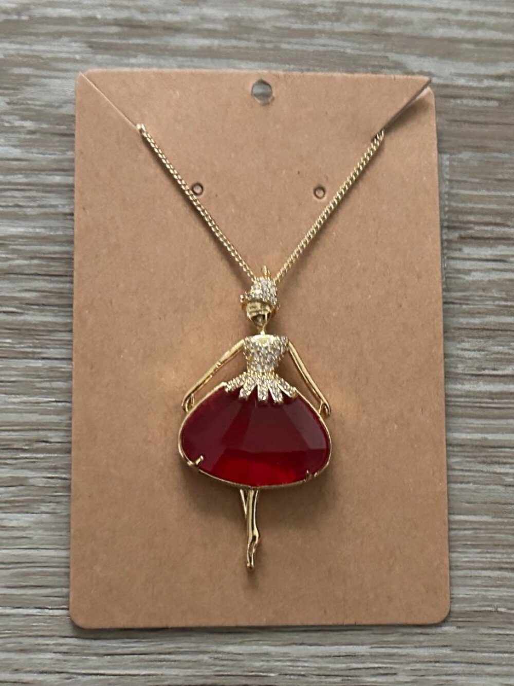 NWT Gold Tone Chain w Ballerina Pendant w Clear Rhinestones & Red Faceted Stone